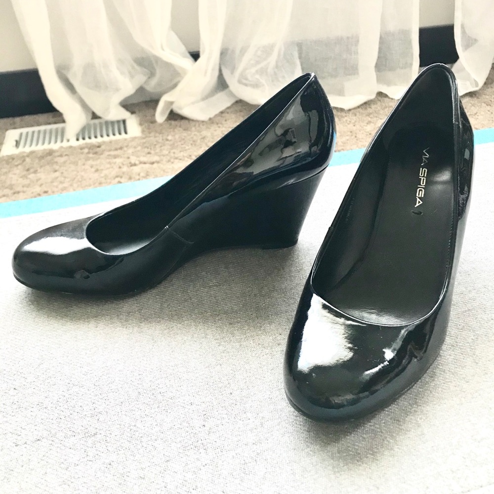 Via Spiga Black Patent Leather Wedge Heels, size 7